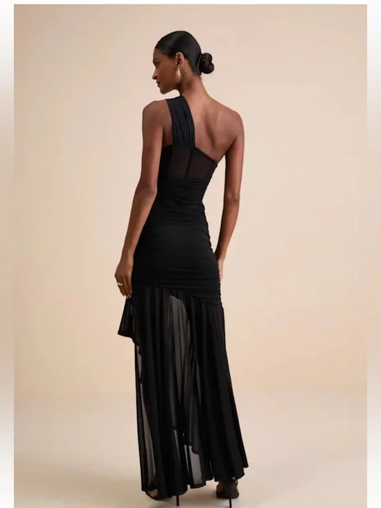 NWT Lulus Marcellina Black Mesh Ruched One-Shoulder Maxi Dress - Picture 3 of 8